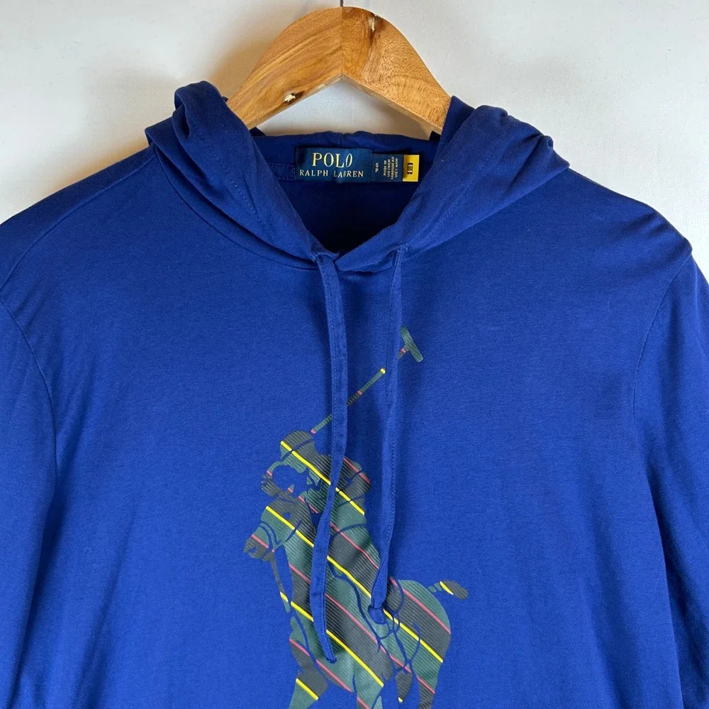 Polo Ralph Lauren Mens Blue Striped‎ Big Pony Graphic Hooded Long Sleeve Tee S